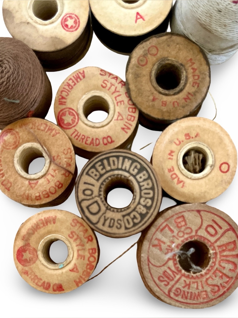 Vintage Antique Thread Spools Lot of 11 – Wood & Paper Belding Bros Rice's Star